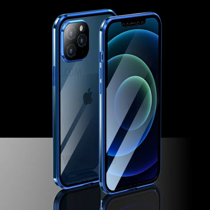 LUPHIE Mobile Phone Bag Cover Plating Magnetic Metal Frame Double-sided Tempered Glass Phone Shell for iPhone 12 Pro Max - Blue - 1