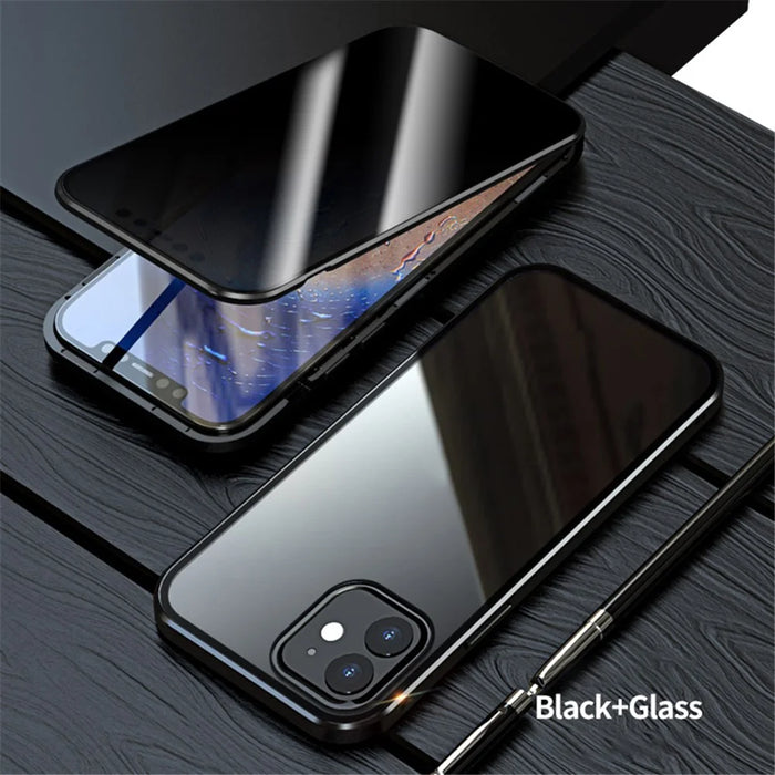Anti-peep Magnetic Installation Metal Frame Two-sided Tempered Glass Case for iPhone 12 Pro/12 - Black - 1