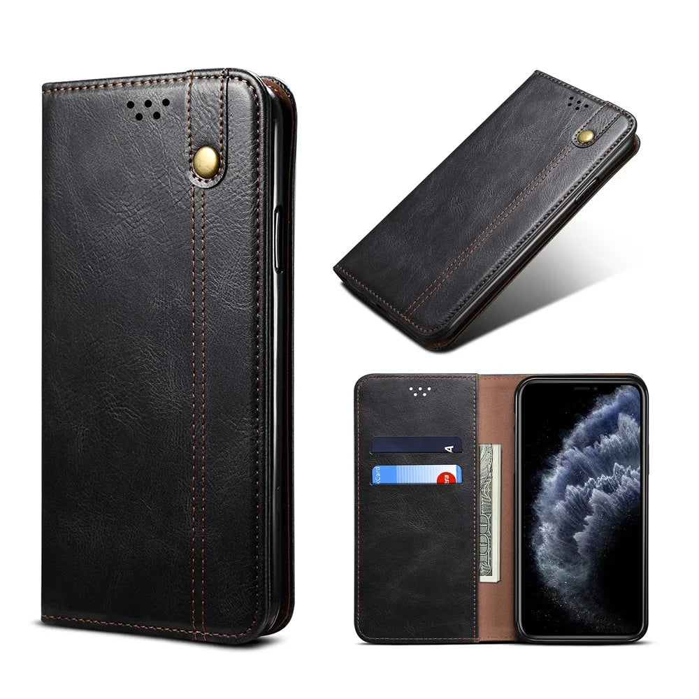 Magnetic Waxy Crazy Horse Texture  Wallet LeatherPhone Stand Cover Case for iPhone X/XS - Black - 1