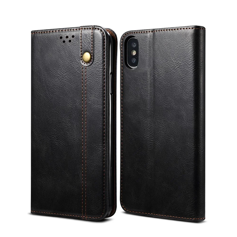 Magnetic Waxy Crazy Horse Texture  Wallet LeatherPhone Stand Cover Case for iPhone X/XS - Black - 3