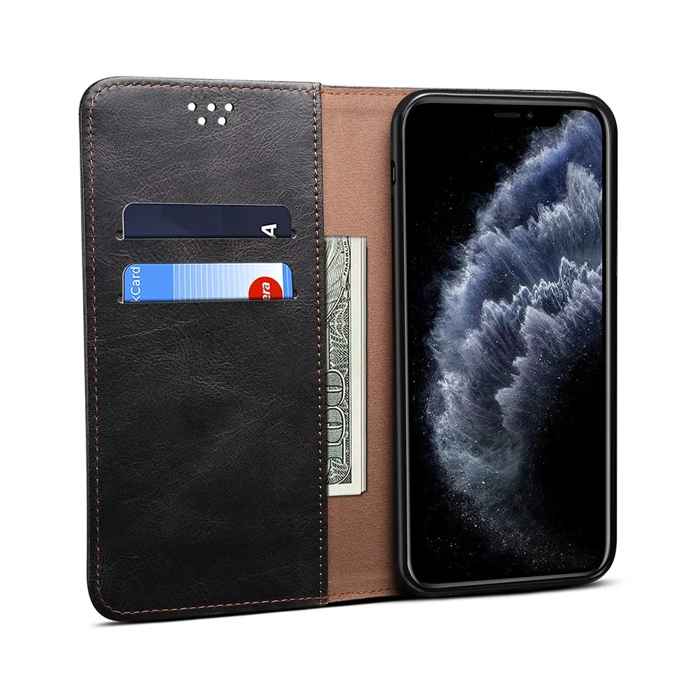 Magnetic Waxy Crazy Horse Texture  Wallet LeatherPhone Stand Cover Case for iPhone X/XS - Black - 7