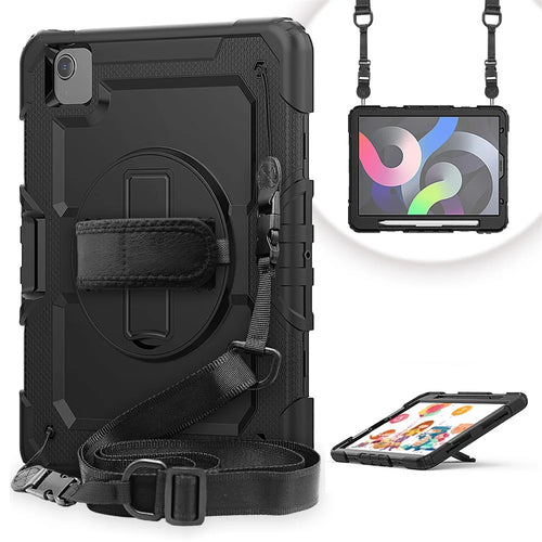 For Apple iPad Air (2020) / Air (2022) / Pro 11-inch  (2020) (2021) (2022) PC + Silicone 360° Swivel Kickstand Tablet Case with Handy Strap and Shoulder Strap - Black / Black - 1