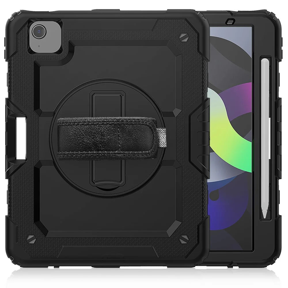 For Apple iPad Air (2020) / Air (2022) / Pro 11-inch  (2020) (2021) (2022) PC + Silicone 360° Swivel Kickstand Tablet Case with Handy Strap and Shoulder Strap - Black / Black - 2