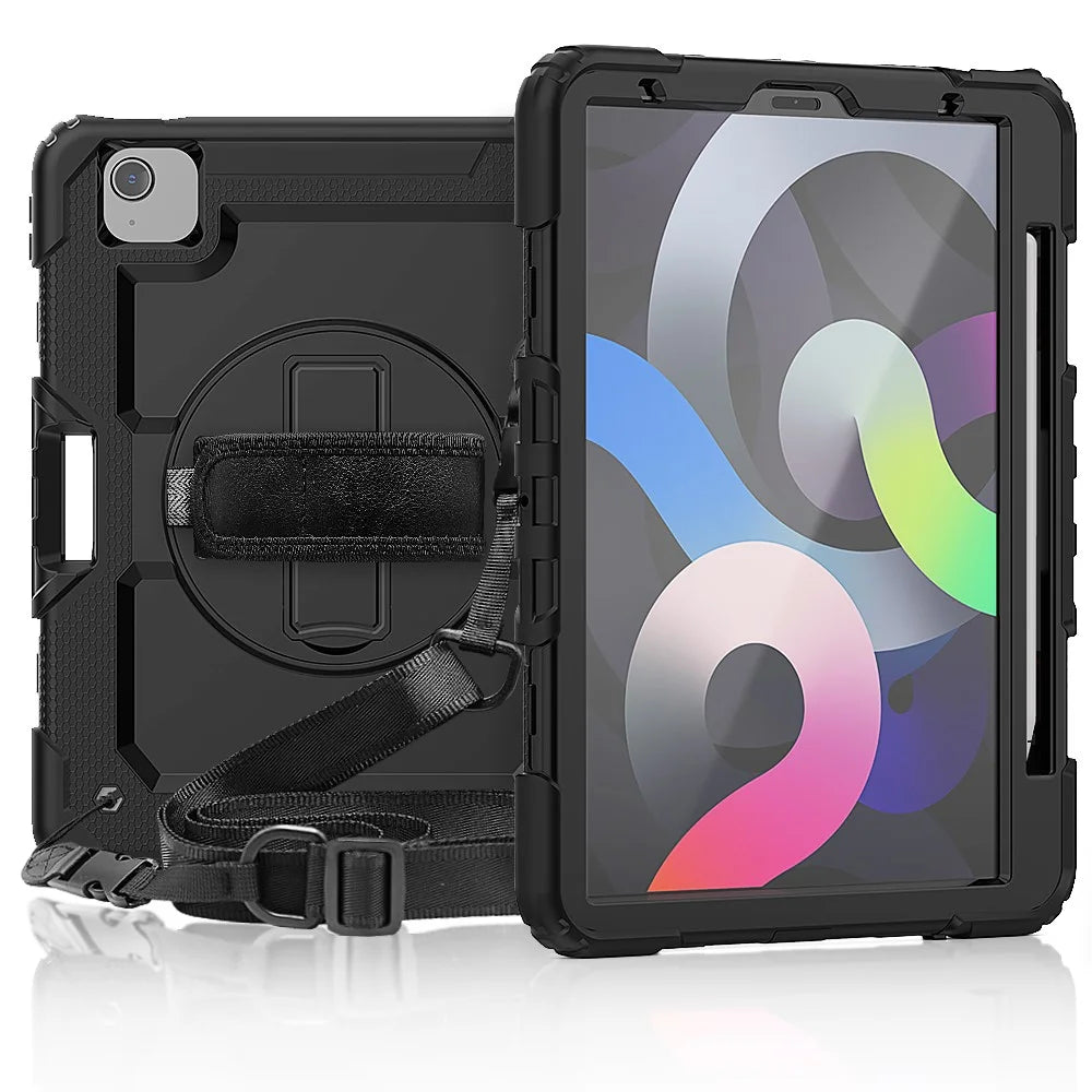 For Apple iPad Air (2020) / Air (2022) / Pro 11-inch  (2020) (2021) (2022) PC + Silicone 360° Swivel Kickstand Tablet Case with Handy Strap and Shoulder Strap - Black / Black - 3