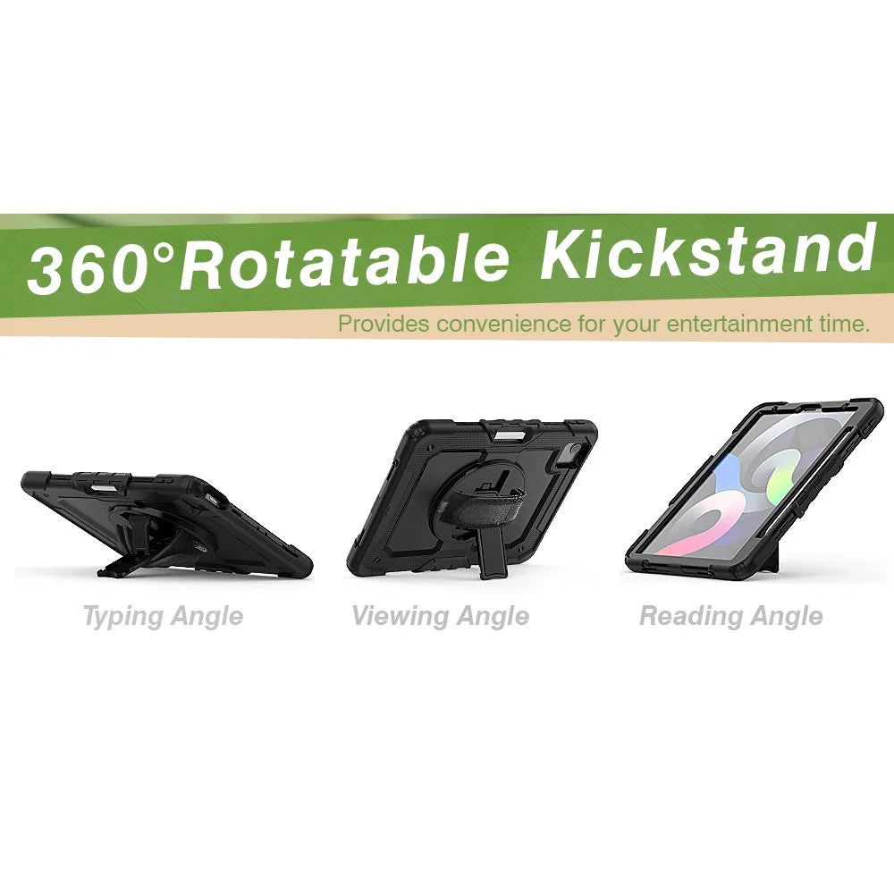 For Apple iPad Air (2020) / Air (2022) / Pro 11-inch  (2020) (2021) (2022) PC + Silicone 360° Swivel Kickstand Tablet Case with Handy Strap and Shoulder Strap - Black / Black - 4