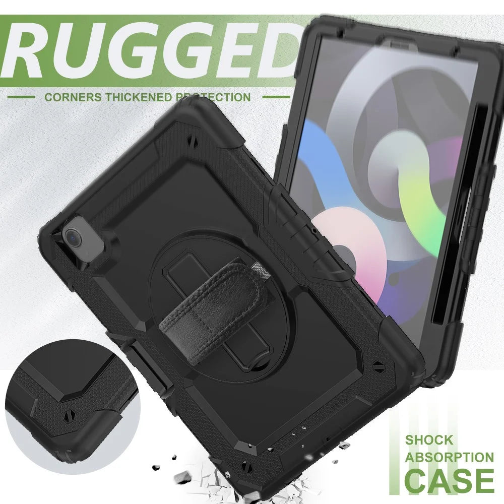 For Apple iPad Air (2020) / Air (2022) / Pro 11-inch  (2020) (2021) (2022) PC + Silicone 360° Swivel Kickstand Tablet Case with Handy Strap and Shoulder Strap - Black / Black - 5