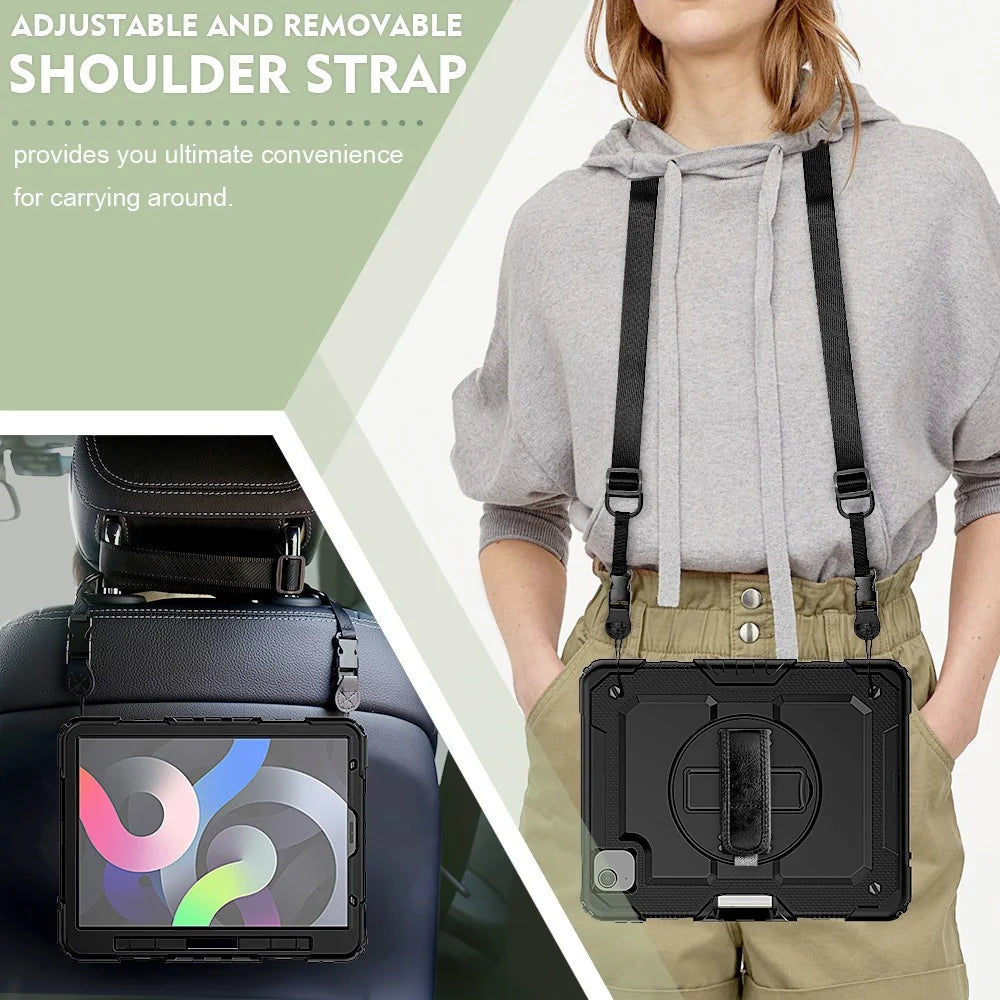 For Apple iPad Air (2020) / Air (2022) / Pro 11-inch  (2020) (2021) (2022) PC + Silicone 360° Swivel Kickstand Tablet Case with Handy Strap and Shoulder Strap - Black / Black - 7