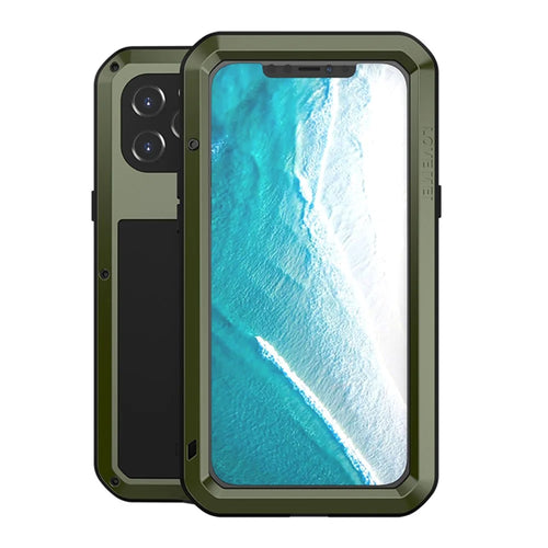 LOVE MEI Silicone + Metal Frame Bar Shaped Phone Cover Case with Temepered Glass Film for iPhone 12 Pro Max - Green - 1