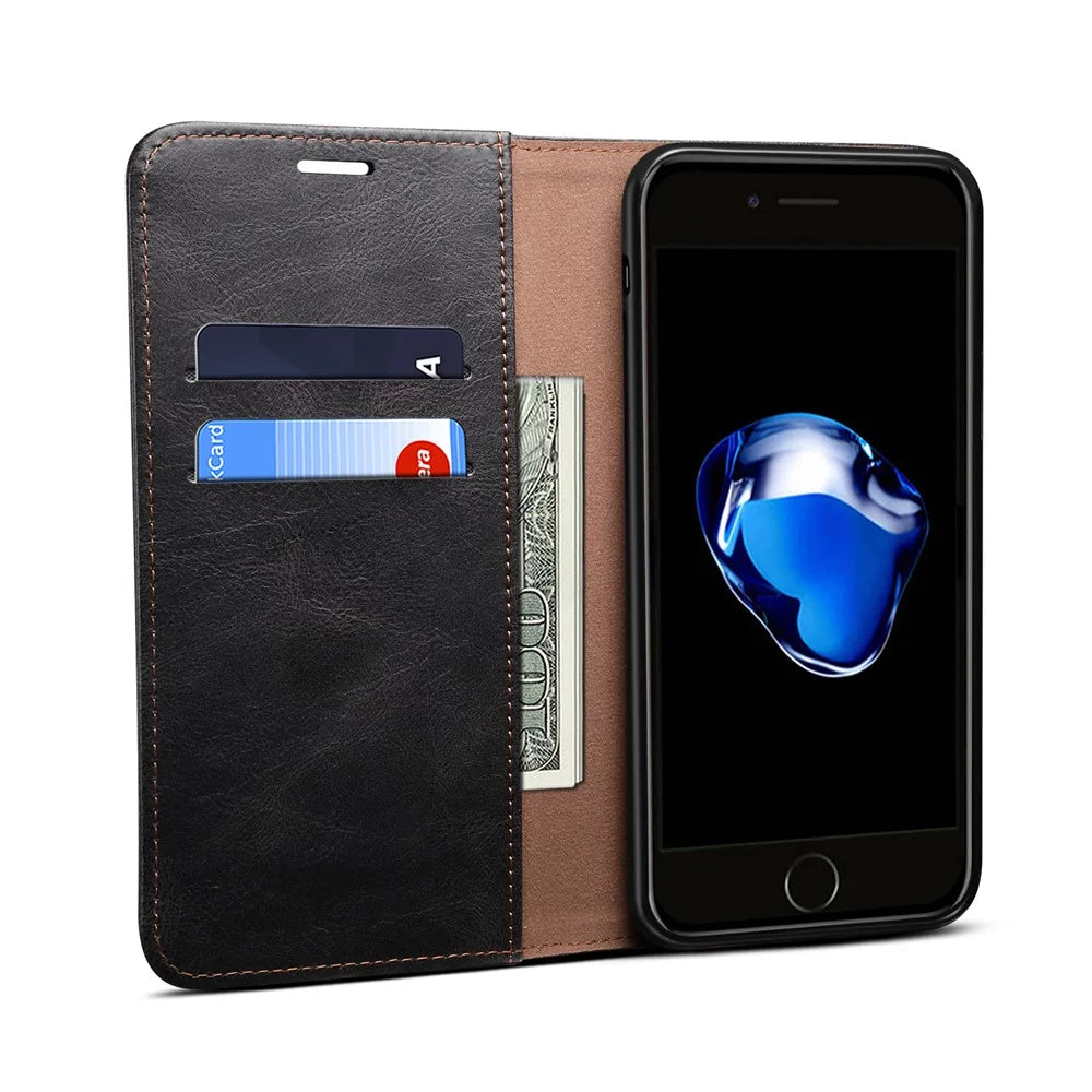Auto-Absorbed Waxy Crazy Horse Texture  Wallet Leather Phone Stand Cover Case for iPhone 7/8/SE (2020)/SE (2022) - Black - 7
