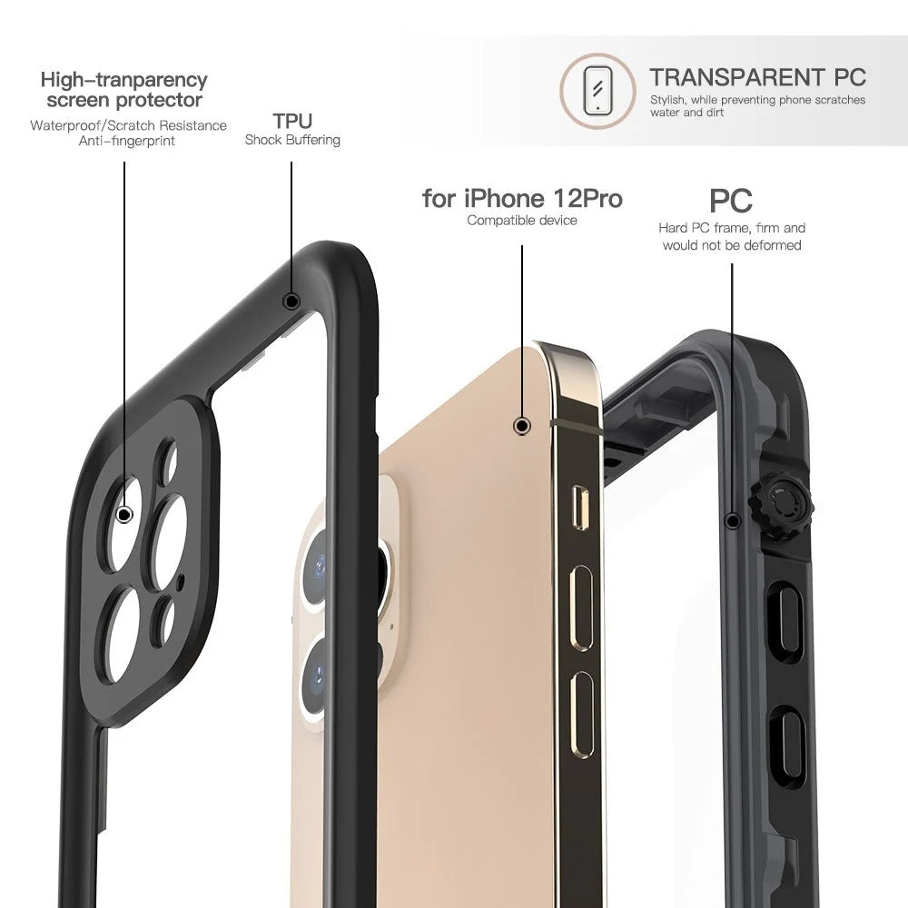 REDPEPPER Dot+ Series Transparent Back IP68 Waterproof PC+TPU Phone Case for iPhone 12 Pro - Black - 6