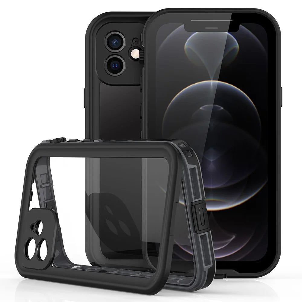 REDPEPPER Dot+ Series Transparent IP68 Waterproof PC+TPU Case Phone Covering for iPhone 12 - Black - 1