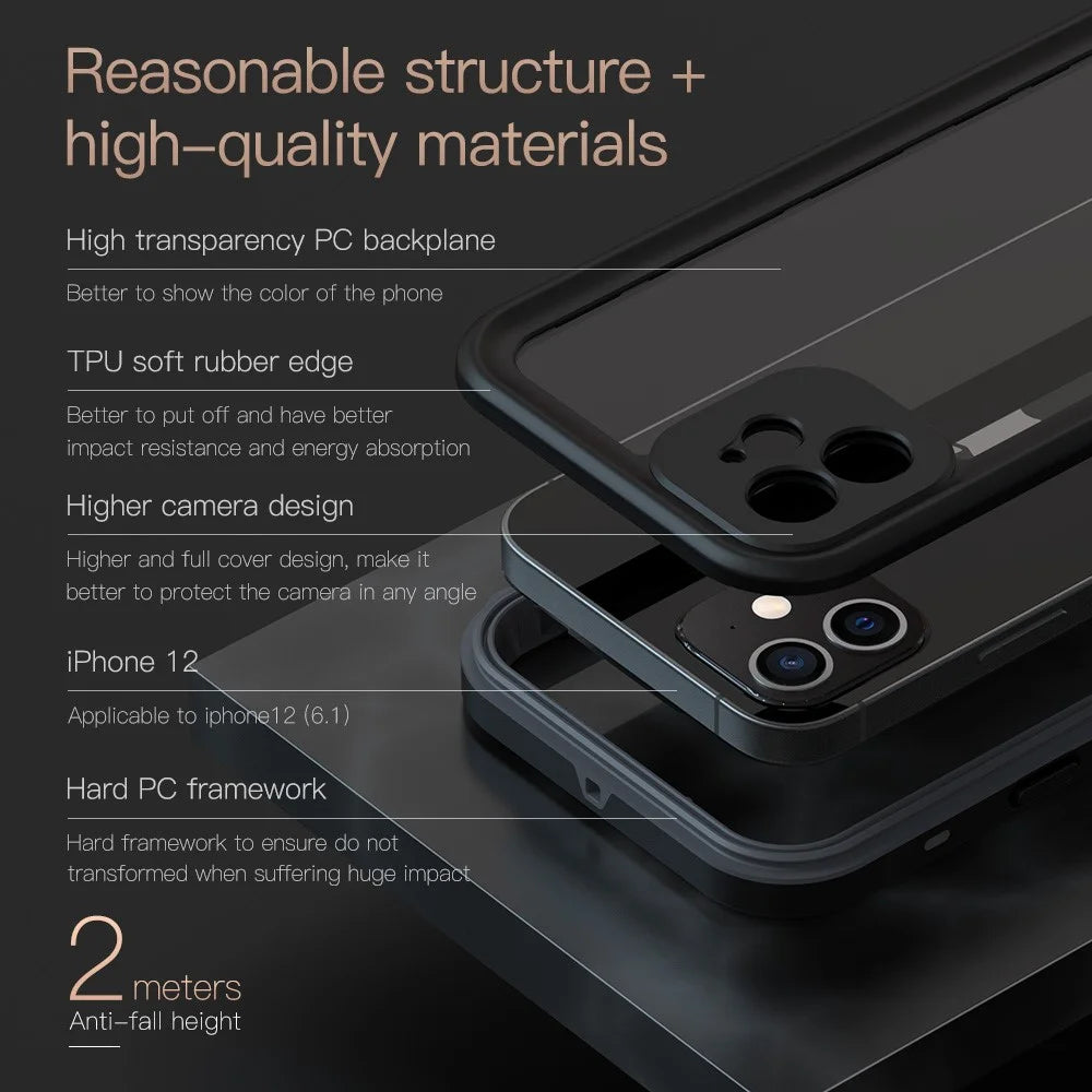 REDPEPPER Dot+ Series Transparent IP68 Waterproof PC+TPU Case Phone Covering for iPhone 12 - Black - 2