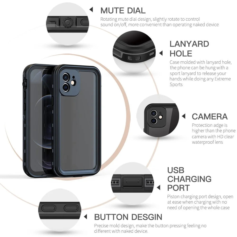 REDPEPPER Dot+ Series Transparent IP68 Waterproof PC+TPU Case Phone Covering for iPhone 12 - Black - 6
