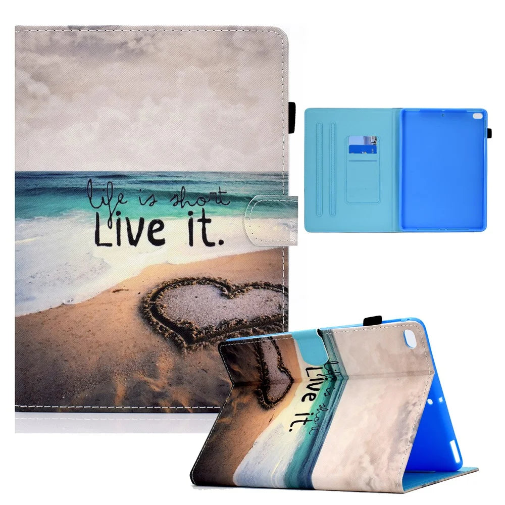 Pattern Printing Leather Shell for iPad Air (2013)/Air 2/iPad 9.7-inch (2017)/(2018) Card Holder Stand Case - Beach - 1