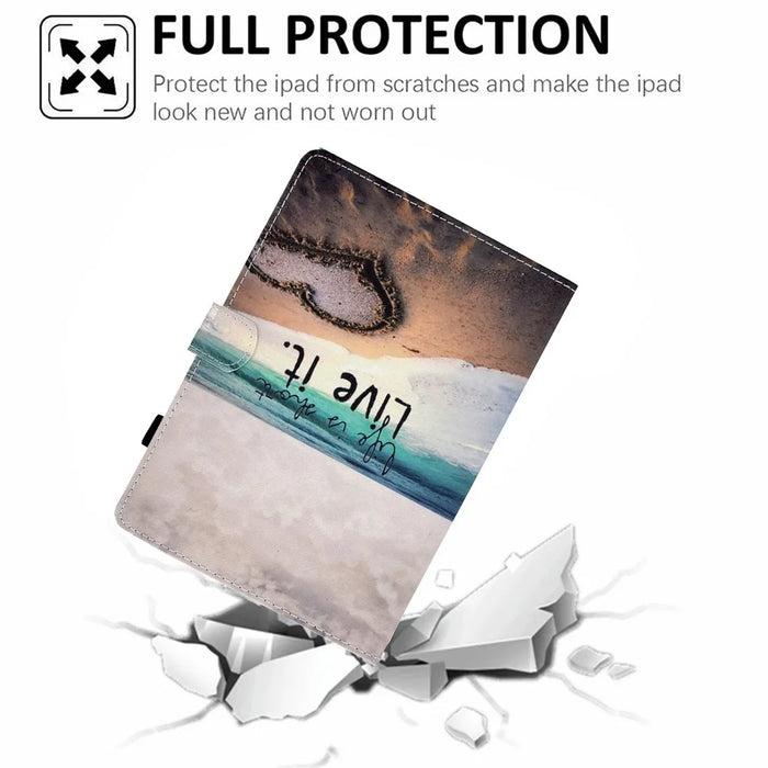 Pattern Printing Leather Shell for iPad Air (2013)/Air 2/iPad 9.7-inch (2017)/(2018) Card Holder Stand Case - Beach - 7