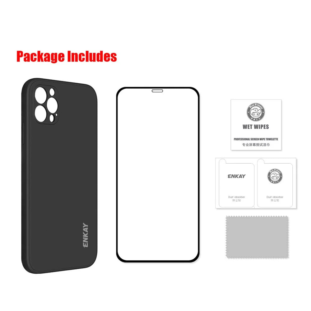 ENKAY ENK-PC0702 Plain Silicone Phone Cover Case + Full Glue Complete Cover 0.26mm 9H 2.5D Tempered Glass Screen Film for iPhone 12 Pro Max - Black - 2