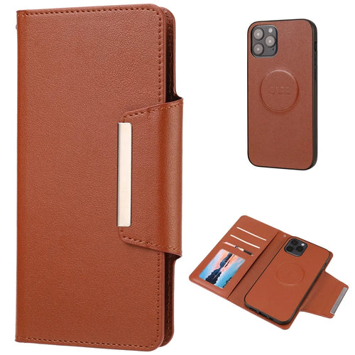 PU Leather Wallet Cell Phone Shelf Cover with Detachable Inner TPU Case for iPhone 12 Pro / iPhone 12 - Brown - 1