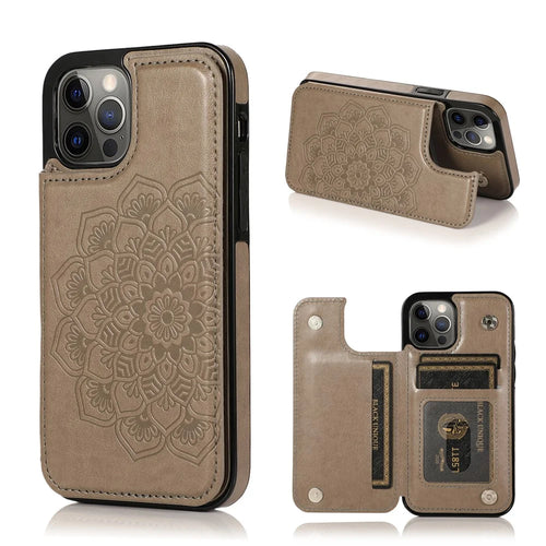Imprint Mandala Flower for iPhone 12/12 Pro PU Leather + TPU Hybrid Kickstand Mobile Phone Case - Grey - 1