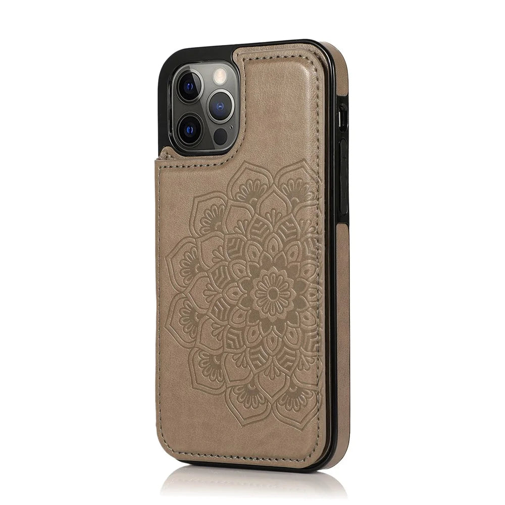 Imprint Mandala Flower for iPhone 12/12 Pro PU Leather + TPU Hybrid Kickstand Mobile Phone Case - Grey - 2