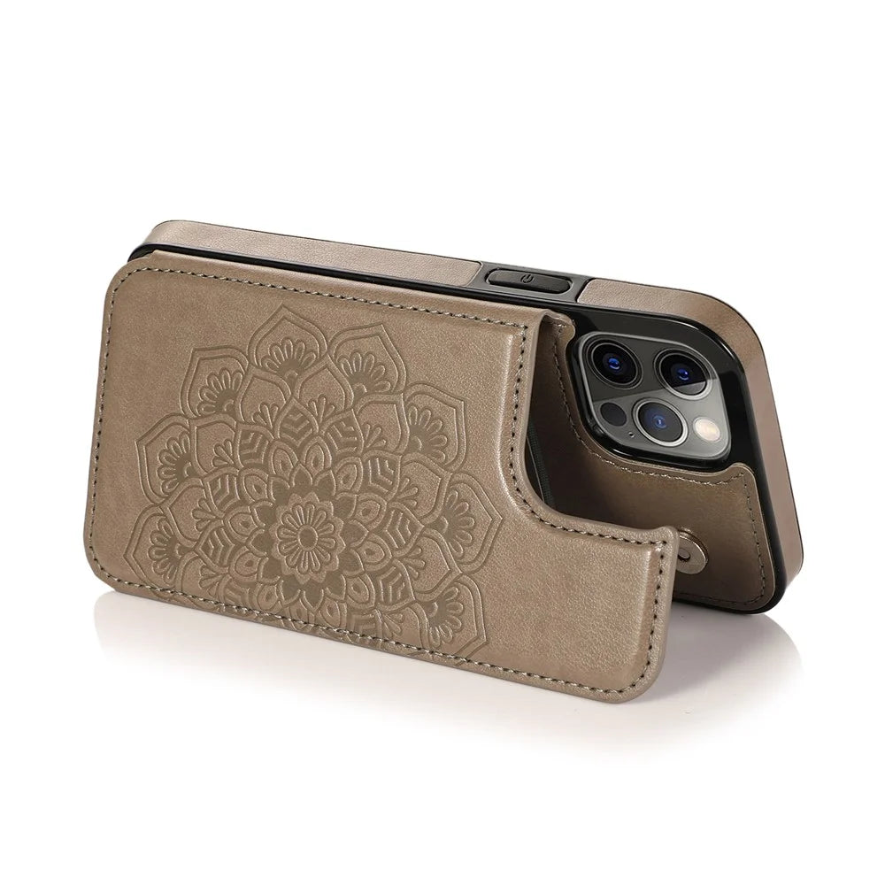 Imprint Mandala Flower for iPhone 12/12 Pro PU Leather + TPU Hybrid Kickstand Mobile Phone Case - Grey - 4