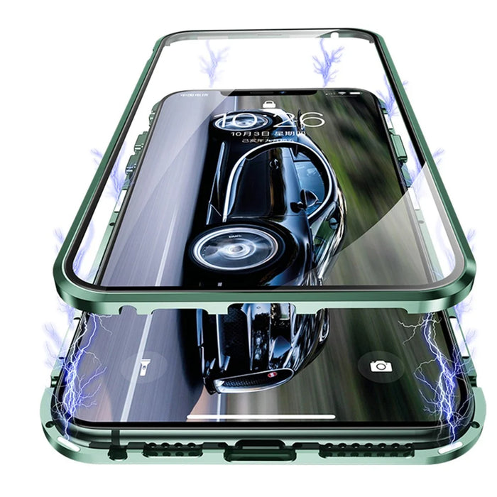 Magnetic Installation Metal Frame + Dual-sided Tempered Glass Full Covering Case + Camera Lens Protector for iPhone 12 mini 5.4 inch - Green - 2