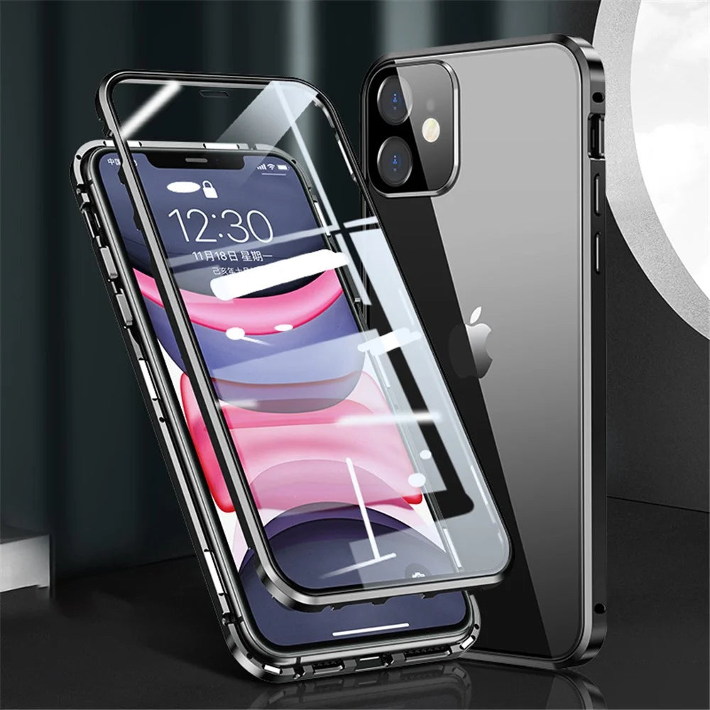 Magnetic Installation Metal Frame + Double-sided Tempered Glass Full Covering Case for iPhone 12 - Black - 1