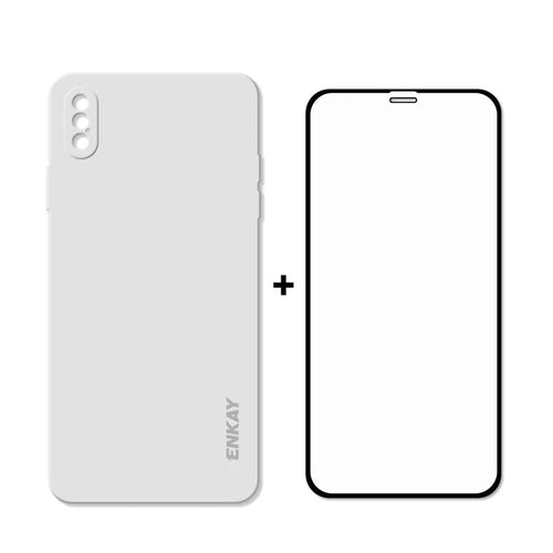 ENKAY ENK-PC0722 Soft Liquid Silicone Phone Cover Case + 0.26mm 9H 2.5D Tempered Glass Full Glue Full Screen Protector for iPhone XS Max - White - 1