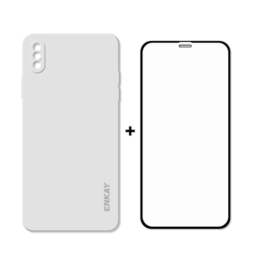 ENKAY ENK-PC0722 Soft Liquid Silicone Phone Cover Case + 0.26mm 9H 2.5D Tempered Glass Full Glue Full Screen Protector for iPhone XS Max - White - 1
