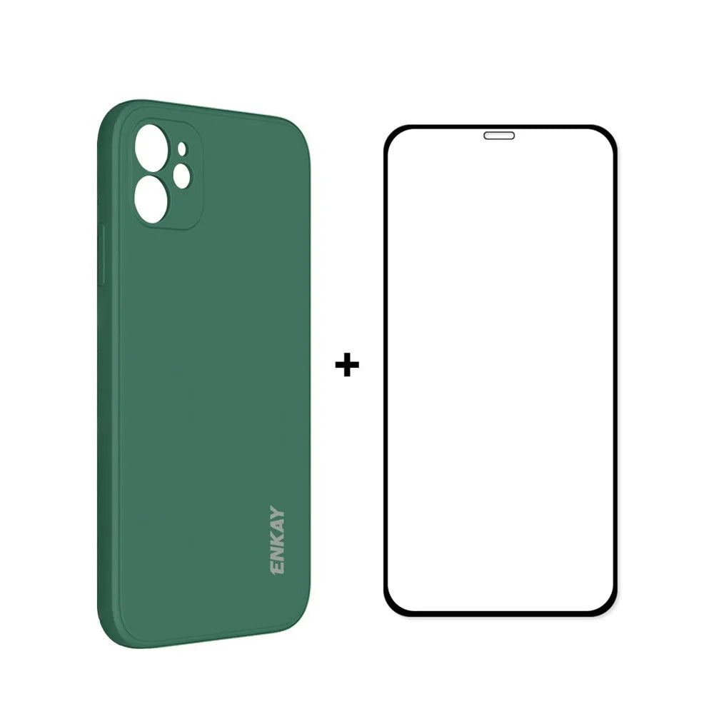 ENKAY HAT PRINCE ENK-PC0652 Anti-Drop Soft Liquid Silicone Phone Cover Case + Full Screen 0.26mm 9H 2.5D Tempered Glass Full Glue Screen Protector for iPhone 11 - Green - 1