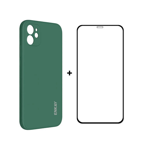 ENKAY HAT PRINCE ENK-PC0652 Anti-Drop Soft Liquid Silicone Phone Cover Case + Full Screen 0.26mm 9H 2.5D Tempered Glass Full Glue Screen Protector for iPhone 11 - Green - 1