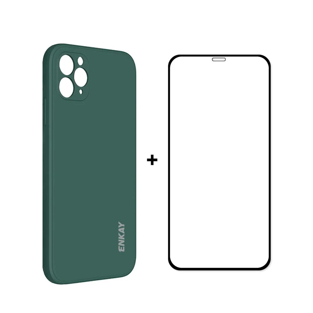 ENKAY HAT PRINCE ENK-PC0652 Anti-Drop Straight Edge Precise Hole Soft Liquid Silicone Phone Cover Case + Full Screen Full Glue 0.26mm 9H 2.5D Tempered Glass Screen Protector for iPhone 11 Pro - Green - 1