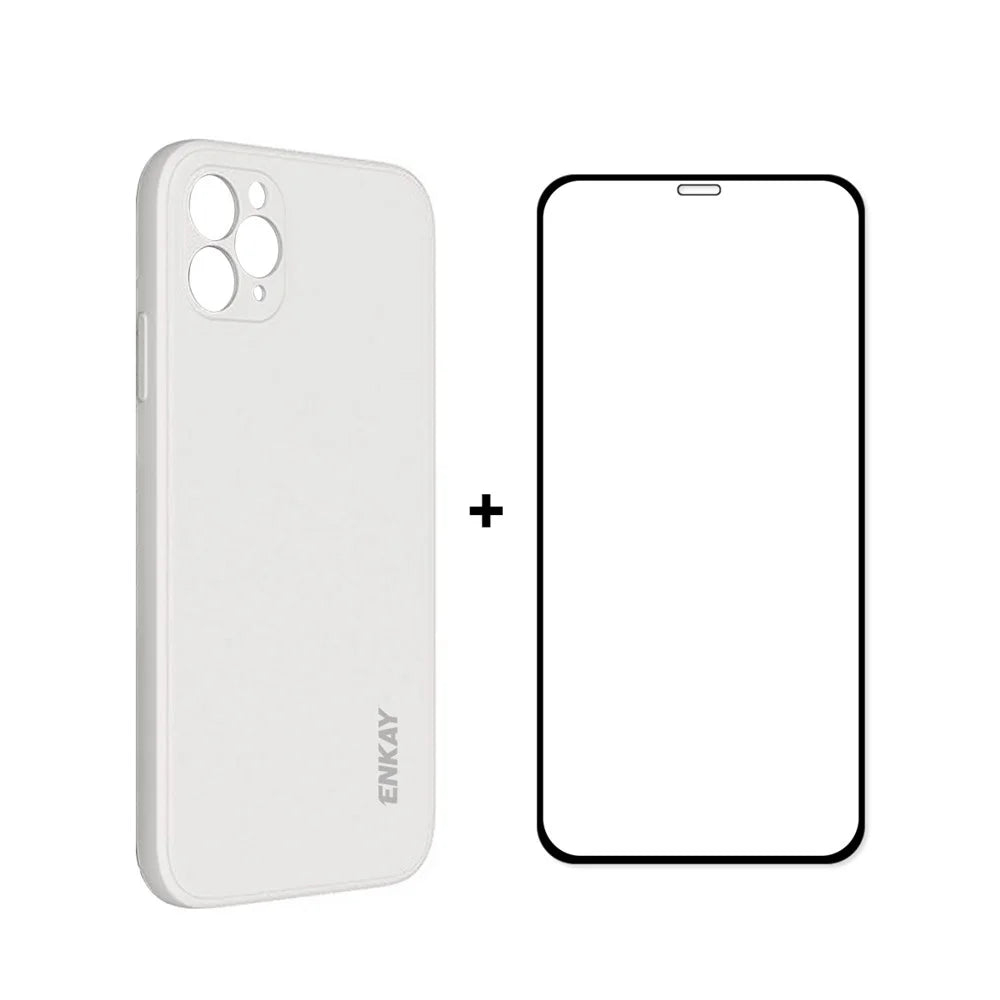 ENKAY HAT PRINCE ENK-PC0662 Drop-Resistant Soft Liquid Silicone Phone Case Precise Hole Opening + Full Screen 0.26mm 9H 2.5D Full Glue Tempered Glass Screen Protector for iPhone 11 Pro Max - White - 1