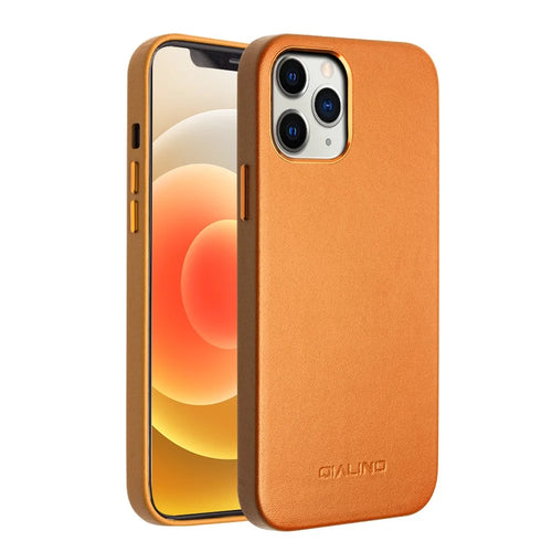 QIALINO Cowhide Leather Coated TPU Phone Cover for iPhone 12 / 12 Pro - Yellow - 1