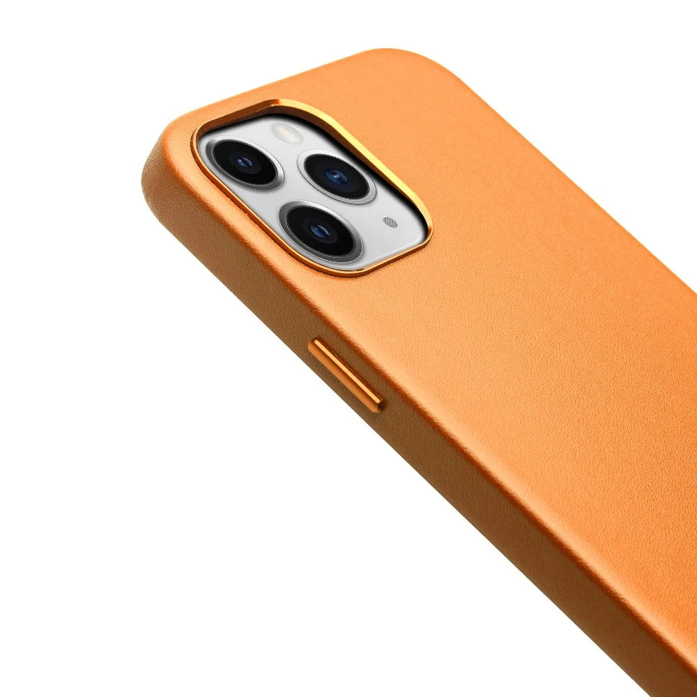 QIALINO Cowhide Leather Coated TPU Phone Cover for iPhone 12 / 12 Pro - Yellow - 4