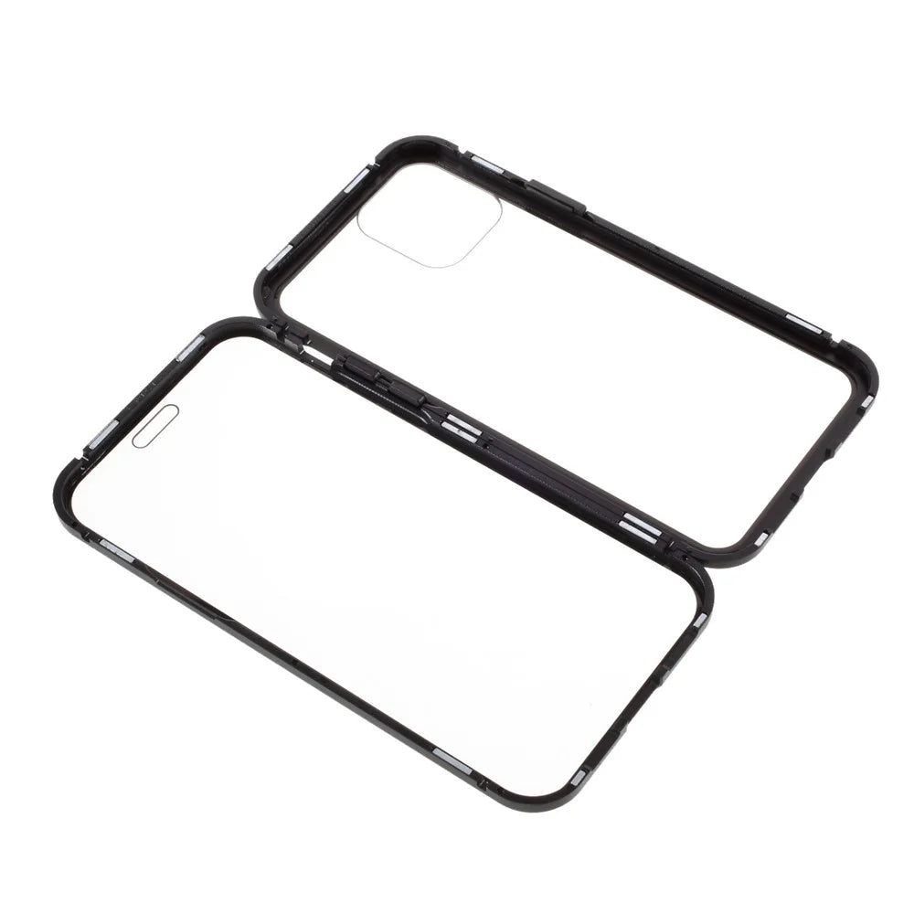 Double-sided Tempered Glass Metal Frame Magnetic Full Coverage Phone Case for iPhone 12 / 12 Pro - Black - 1