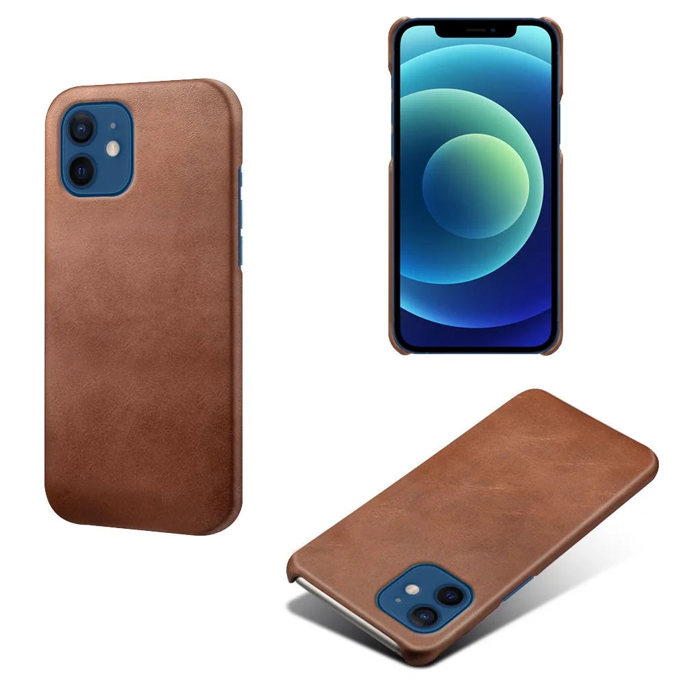 PU Leather Coated Hard PC Shell Phone Case Protector Cover for iPhone 12/12 Pro - Brown - 1