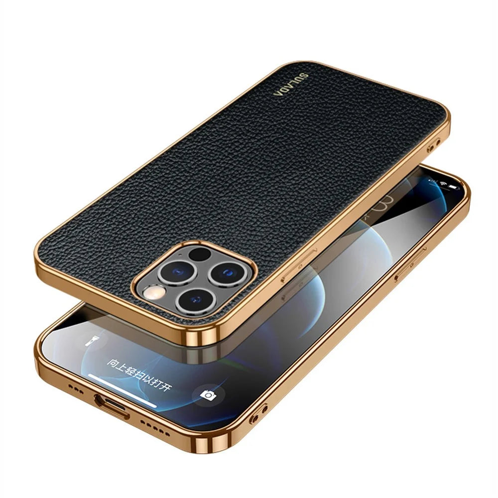 SULADA Litchi Texture PU Leather Coated TPU Mobile Phone Case for iPhone 12/12 Pro - Black - 1