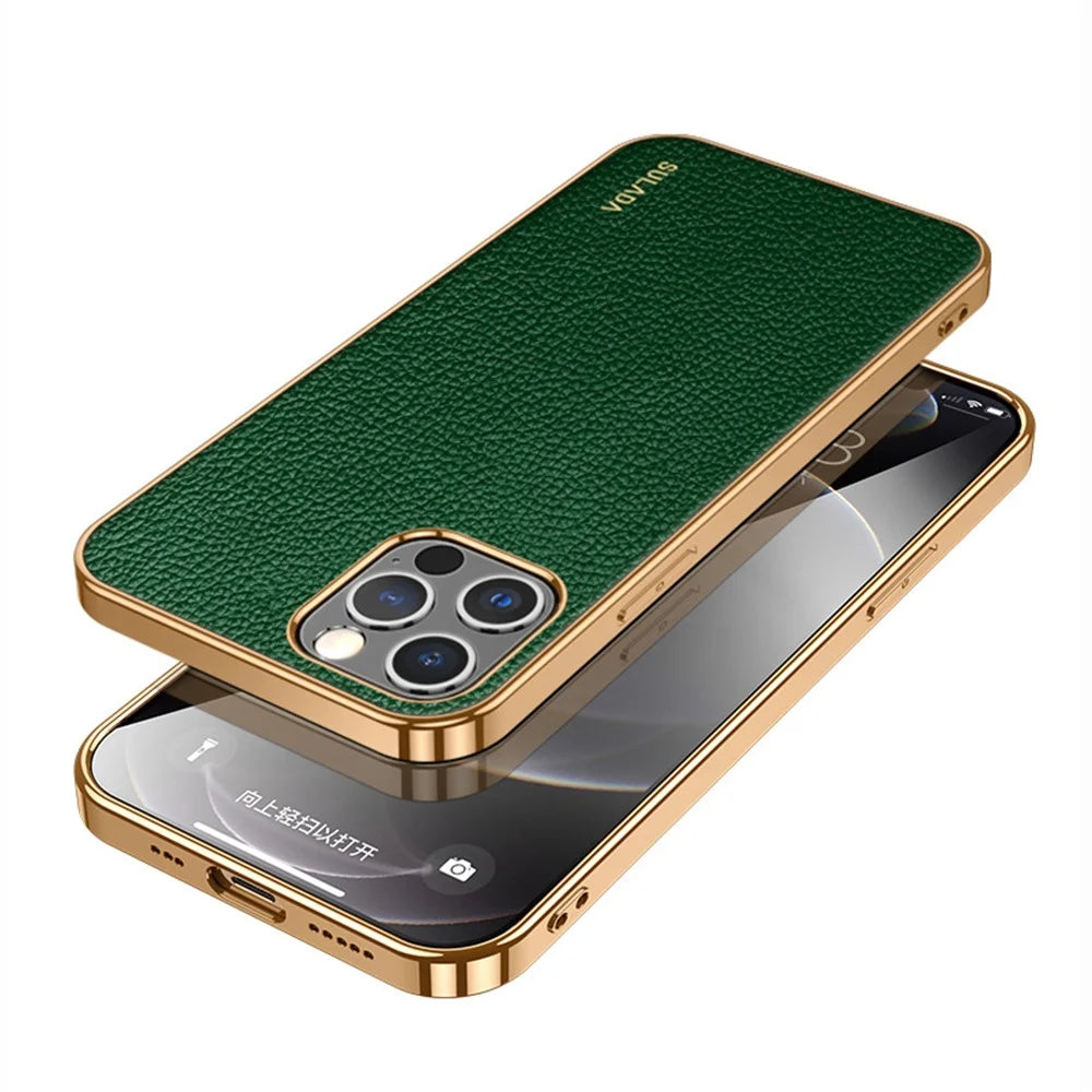 SULADA PU Leather Coated TPU Litchi Texture Phone Case for iPhone 12 Pro Max - Green - 1