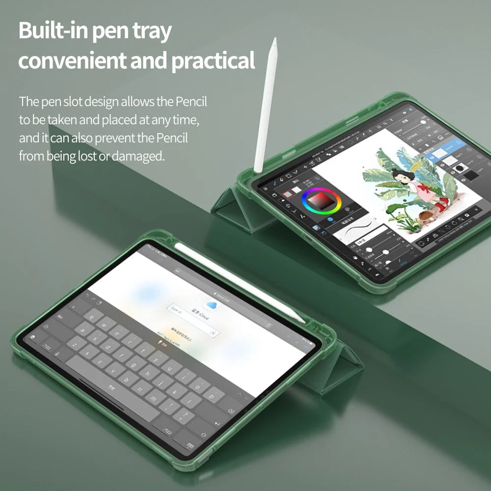 Smart Origami Stand Leather Case with Pen Slot for iPad Air 11 (2026) / (2025) / (2024) / Air (2022) / (2020) / Pro 11-inch (2018) - Dark Green - 5