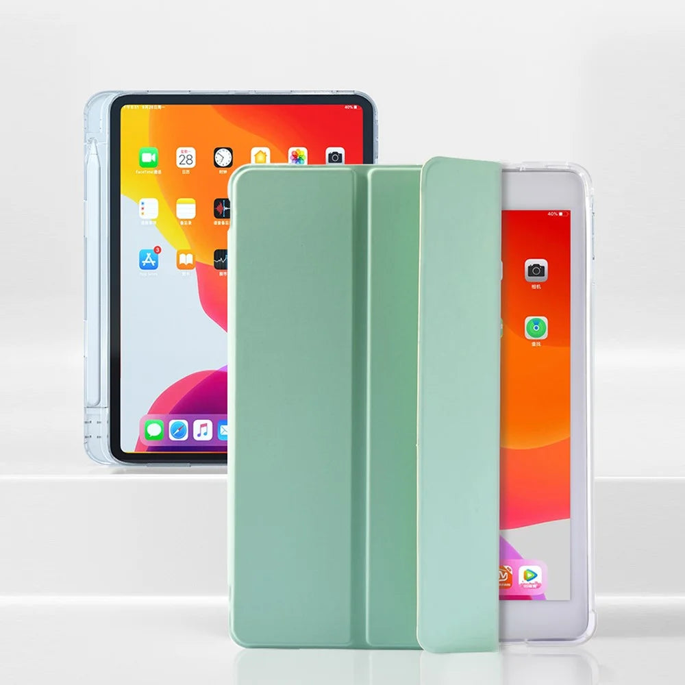 Transparent TPU + PU Leather Cover Case with Pen Slot for iPad 10.2 (2020) - Light Green - 1
