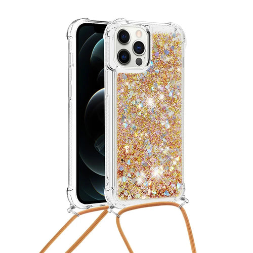 Shockproof Dynamic Quicksand TPU Cell Phone Protective Cover with Lanyard for iPhone 12 Pro Max - Gold - 1