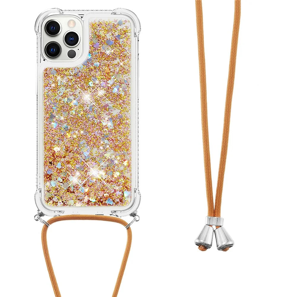 Shockproof Dynamic Quicksand TPU Cell Phone Protective Cover with Lanyard for iPhone 12 Pro Max - Gold - 2