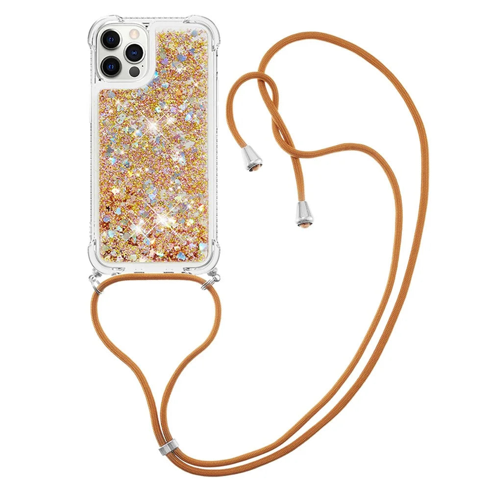 Shockproof Dynamic Quicksand TPU Cell Phone Protective Cover with Lanyard for iPhone 12 Pro Max - Gold - 3