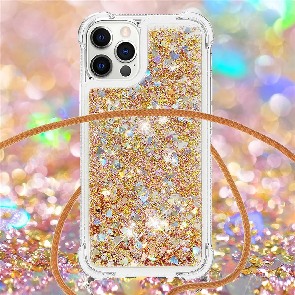 Shockproof Dynamic Quicksand TPU Cell Phone Protective Cover with Lanyard for iPhone 12 Pro Max - Gold - 4