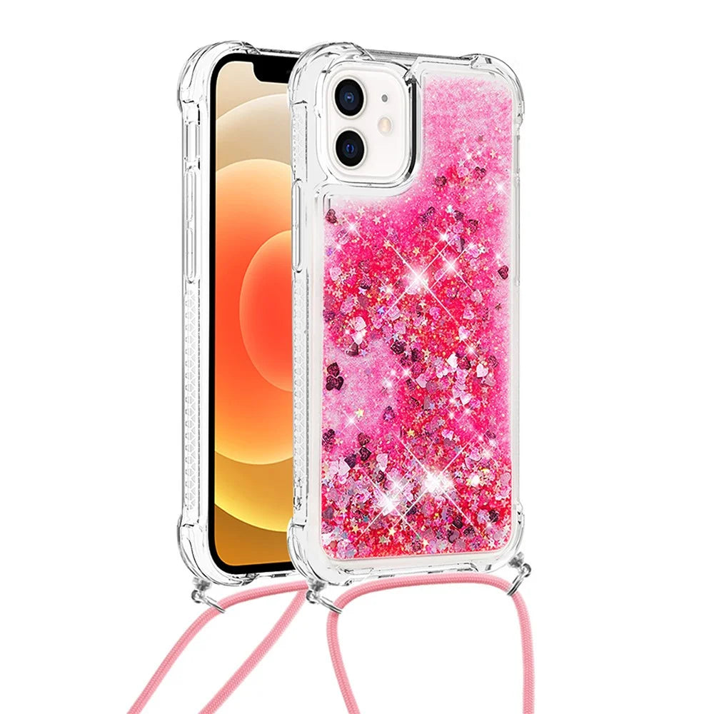 Drop-proof Dynamic Quicksand TPU Cell Phone Protective Cover with Lanyard for iPhone 12/12 Pro - Rose - 1