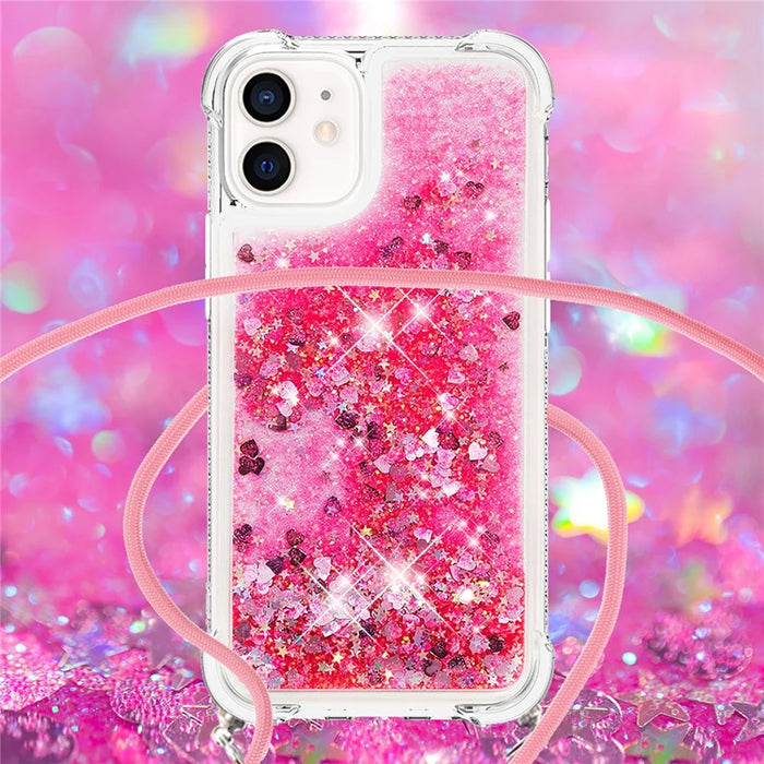 Drop-proof Dynamic Quicksand TPU Cell Phone Protective Cover with Lanyard for iPhone 12/12 Pro - Rose - 4