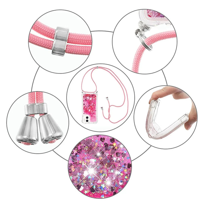 Drop-proof Dynamic Quicksand TPU Cell Phone Protective Cover with Lanyard for iPhone 12/12 Pro - Rose - 5