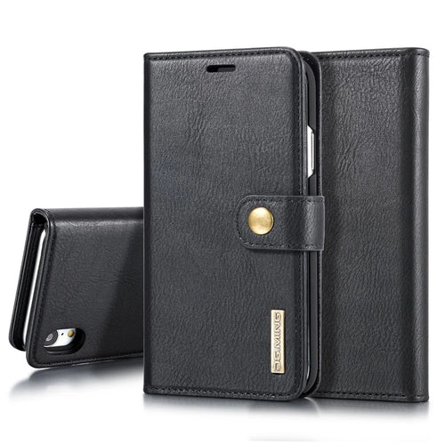 DG.MING Split Leather Wallet Cover for iPhone XR 6.1-inch, Stand Feature Detachable 2-in-1 Flip Case - Black - 1