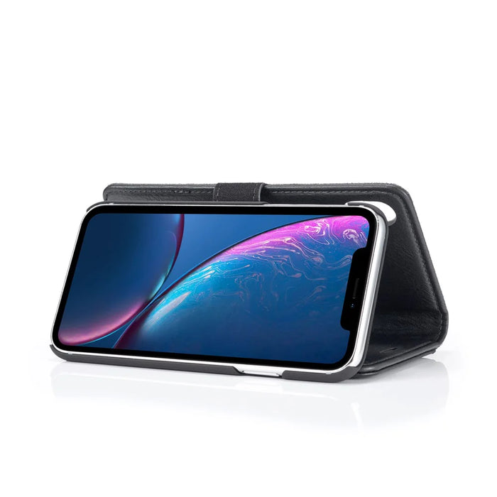 DG.MING Split Leather Wallet Cover for iPhone XR 6.1-inch, Stand Feature Detachable 2-in-1 Flip Case - Black - 6