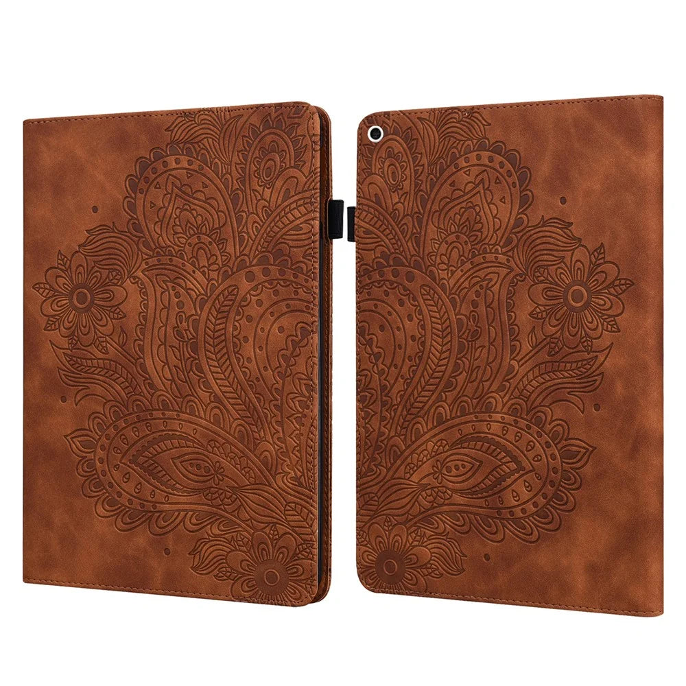 Imprinted Peacock Flower Pattern Leather Tablet Protective Shell for iPad Air (2013)/Air 2/9.7-inch (2017)/9.7-inch (2018) Wallet Stand Case - Brown - 1